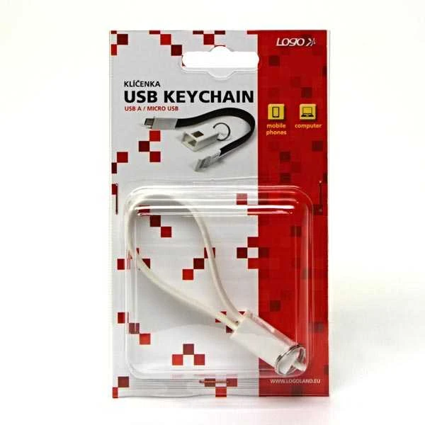 USB kabelis su logotipu (2.0), USB A M - microUSB (M), 0.2m, balta, lizdinė plokštelė, raktų pakabukas, EOL