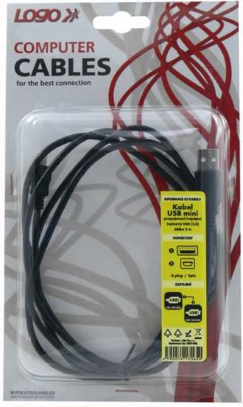 Logo USB kabelis (2.0), USB A M - miniUSB (M), 1.8m, juoda, blister, EOL