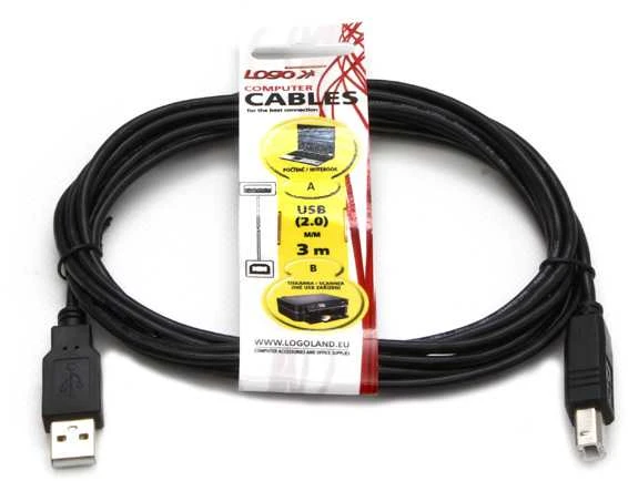 Logo USB kabelis (2.0), USB A M - USB B (M), 3m, juoda