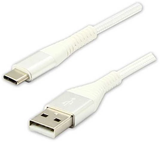 USB kabelis su logotipu (2.0), USB A M - USB C (M), 2m, 480 Mb/s, 5V/3A, balta, dėžutė, nailono pintas, aliuminio jungties dangtelis, EOL