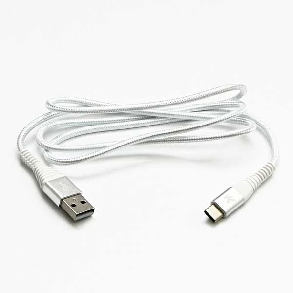 USB kabelis su logotipu (2.0), USB A M - USB C (M), 2m, 480 Mb/s, 5V/3A, balta, dėžutė, nailono pintas, aliuminio jungties dangtelis, EOL