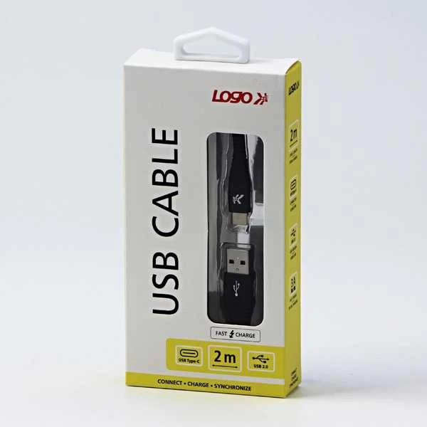 USB kabelis su logotipu (2.0), USB A M - USB C (M), 2m, 480 Mb/s, 5V/3A, juodas, dėžutė, nailono pintas, aliuminio jungties dangtelis, EOL