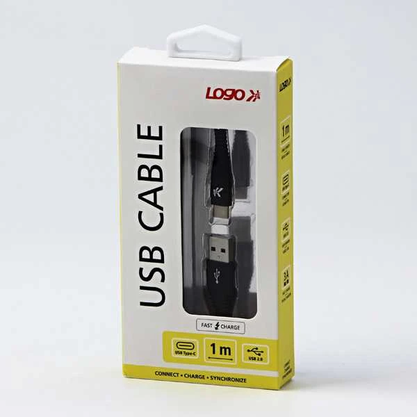 USB kabelis su logotipu (2.0), USB A M - USB C (M), 1m, 480 Mb/s, 5V/3A, juodas, dėžutė, nailono pintas, aliuminio jungties dangtelis, EOL