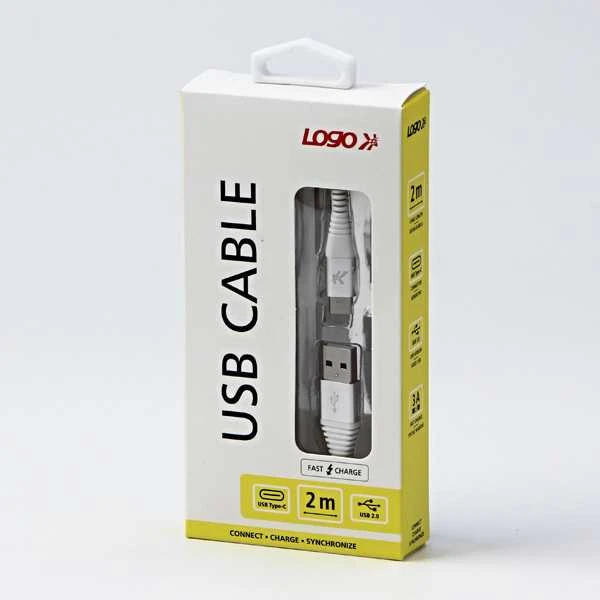 USB kabelis su logotipu (2.0), USB A M - USB C (M), 2m, 480 Mb/s, 5V/3A, balta, dėžutė, nailono pintas, aliuminio jungties dangtelis, EOL