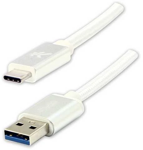 USB kabelis su logotipu (3.2 kartos 1), USB A M - USB C (M), 2m, 5 Gb/s, 5V/3A, balta, dėžutė, nailono pintas, aliuminio jungties dangtelis, EOL