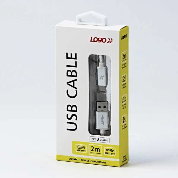 USB kabelis su logotipu (3.2 kartos 1), USB A M - USB C (M), 2m, 5 Gb/s, 5V/3A, balta, dėžutė, nailono pintas, aliuminio jungties dangtelis, EOL