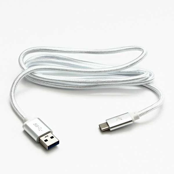 USB kabelis su logotipu (3.2 kartos 1), USB A M - USB C (M), 2m, 5 Gb/s, 5V/3A, balta, dėžutė, nailono pintas, aliuminio jungties dangtelis, EOL