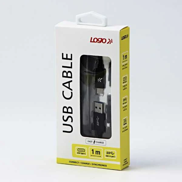USB kabelis su logotipu (3.2 kartos 1), USB A M - USB C (M), 1m, 5 Gb/s, 5V/3A, juodas, dėžutė, nailono pintas, aliuminio jungties dangtelis, EOL