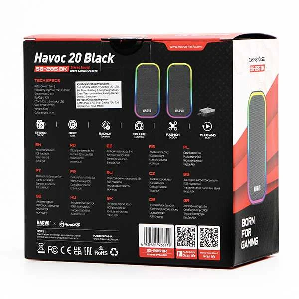 Kompiuterio kolonėlės Marvo SG-225 Havoc 20 2.0 Stereo RGB žaidimų kolonėlės | Juodos