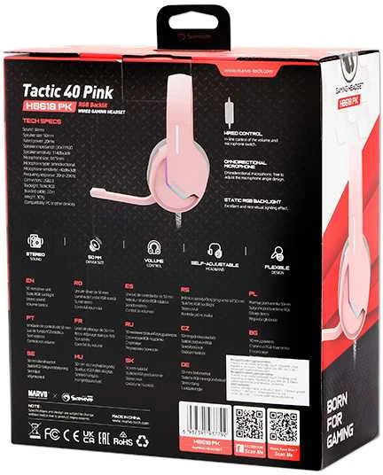 Marvo TACTIC 40 ausinės su mikrofonu, przewodowa, rožinė, 2.0, podświetlane, USB
