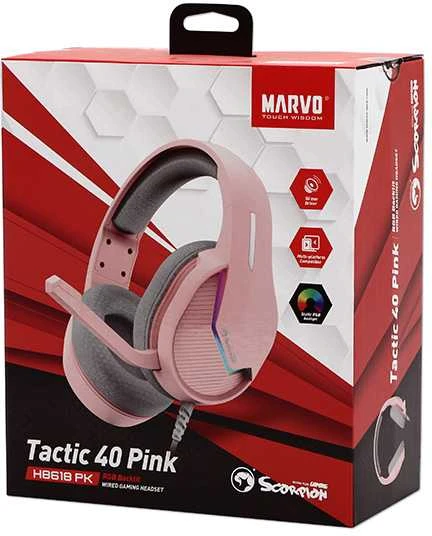 Marvo TACTIC 40 rožinės ausinės pakuotėje