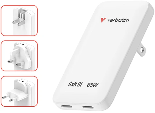 Verbatim, Įkroviklis Essentials Slim GaN USB-C1 PD 3.0 , USB-C2 PD 3.0, balta, 65W
