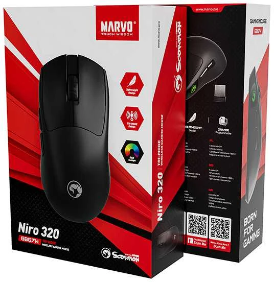 MARVO Niro 320 G867W Belaidė Pelė | BT, 2.4G | 8000 DPI | Juoda