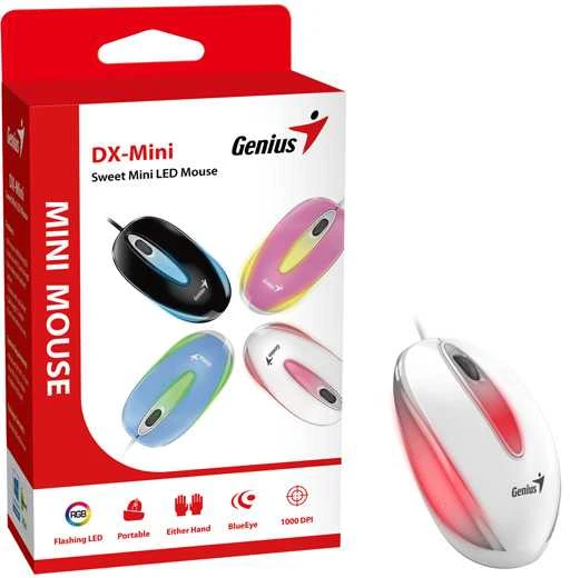 Pelė Genius Pelė DX-Mini, 1000DPI, optinė, 3kl., su laidu USB, balta, klasyczna, RGB pašvietimas