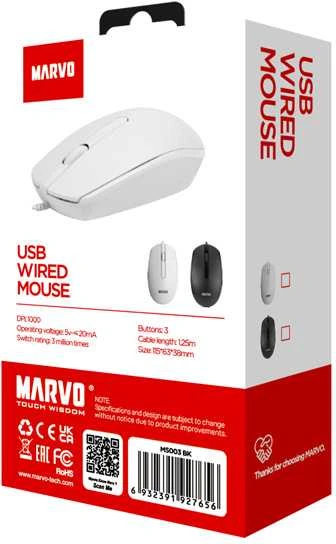 Marvo MS003 Pelė su laidu, balta, 1000DPI