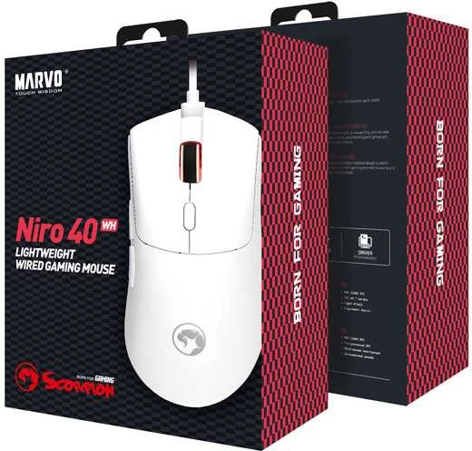 Marvo Niro 40 Baltas Pelė su laidu, balta, 12000DPI