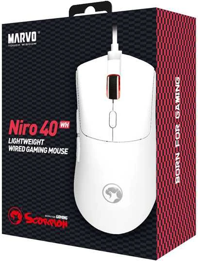 Marvo Niro 40 Baltas Pelė su laidu, balta, 12000DPI