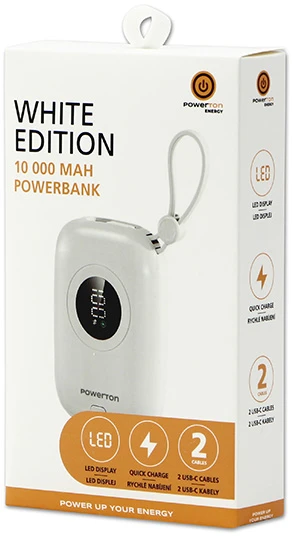 „Powerton ENERGY Baltas EDITION“ išorinė baterija 10000mAh, 2x USB-C, 22,5W, integruoti laidai, balta