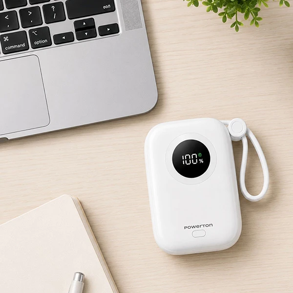 „Powerton ENERGY Baltas EDITION“ išorinė baterija 10000mAh, 2x USB-C, 22,5W, integruoti laidai, balta