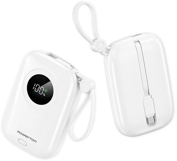 „Powerton ENERGY Baltas EDITION“ išorinė baterija 10000mAh, 2x USB-C, 22,5W, integruoti laidai, balta