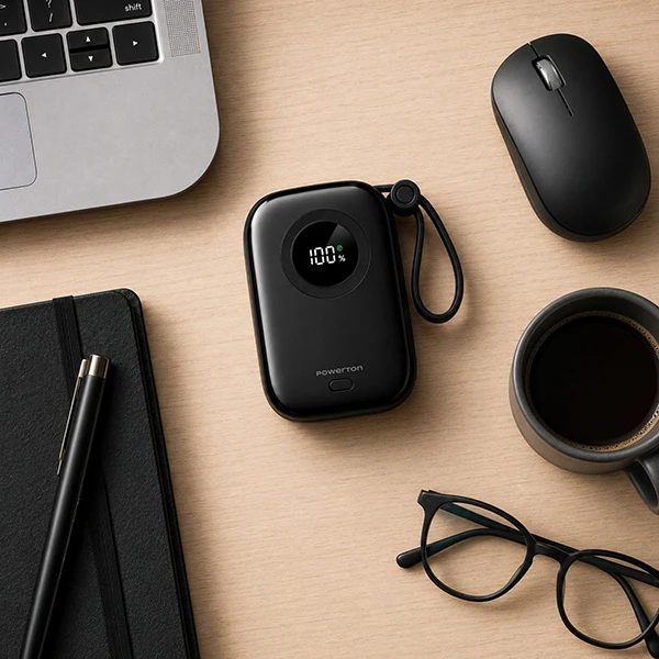 Powerton ENERGY DARK EDITION Powerbank 10000mAh, 2x USB-C, 22.5W, zintegrowane kable, juoda