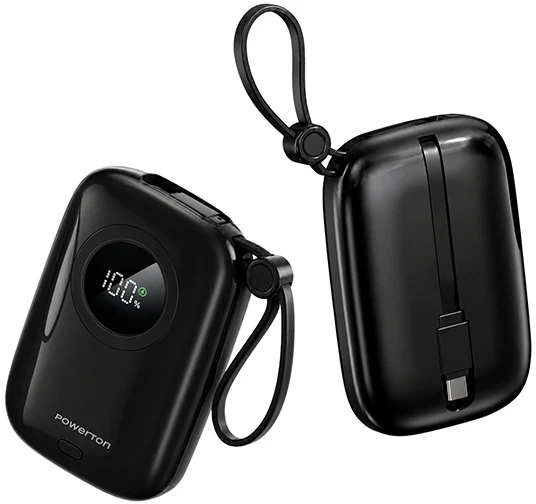 Powerton ENERGY DARK EDITION Powerbank 10000mAh, 2x USB-C, 22.5W, zintegrowane kable, juoda