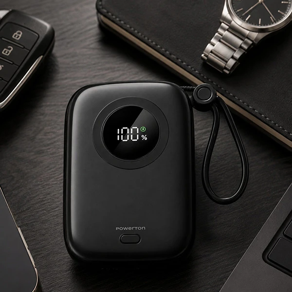 Powerton ENERGY DARK EDITION Powerbank 10000mAh, 2x USB-C, 22.5W, zintegrowane kable, juoda