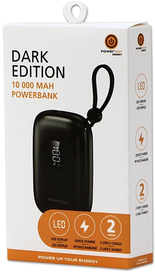 Powerton ENERGY DARK EDITION išorinė baterija 10000mAh, 2x USB-C, 22.5W, integruoti laidai, juoda