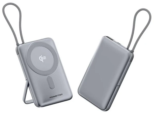 „Powerton ENERGY MAGCORE“ belaidis magnetinis išorinis akumuliatorius 10000mAh, 1x USB-C, 22,5 W, integruotas USB-C laidas, sidabrinis