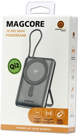 „Powerton ENERGY MAGCORE“ belaidis magnetinis išorinis akumuliatorius 10000mAh, 1x USB-C, 22,5 W, integruotas USB-C laidas, sidabrinis