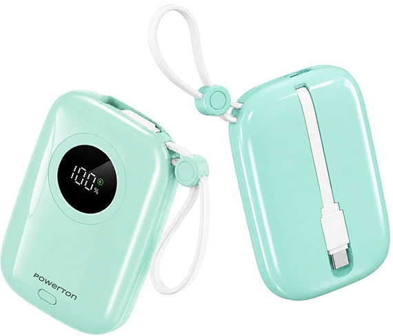 Powerton ENERGY PASTEL EDITION Powerbank 10000mAh, 2x USB-C, 22.5W, zintegrowane kable, miętowa