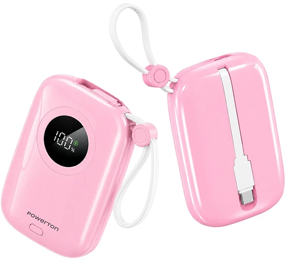 Powerton ENERGY PASTEL EDITION Powerbank 10000mAh, 2x USB-C, 22.5W, zintegrowane kable, rožinė