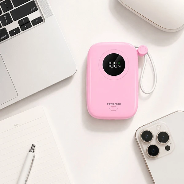 Powerton ENERGY PASTEL EDITION Powerbank 10000mAh, 2x USB-C, 22.5W, zintegrowane kable, rožinė