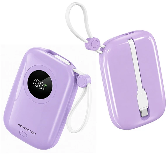 Powerton ENERGY PASTEL EDITION Powerbank 10000mAh, 2x USB-C, 22.5W, zintegrowane kable, violetinė