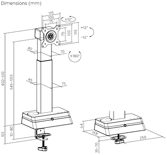 Powerton ERGO LEVION Laikiklis monitoras su automatinis aukščio reguliavimas, juoda, 10KG, spaustukas, 17"-32", kroviklis indukcinė
