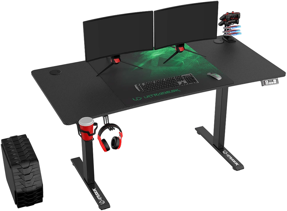 Reguliuojamo aukščio žaidimų stalas Ultradesk LEVEL V2, 140 x 68 cm, Juodos/žalios spalvos
