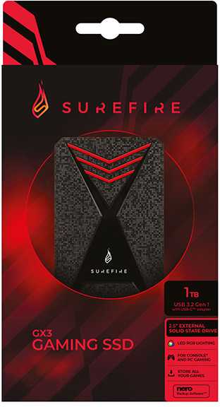 Išorinis kietasis diskas SSD „Surefire GX3 Gaming“, 53684, 1000 GB, juodas, 2,5 colio, USB micro B