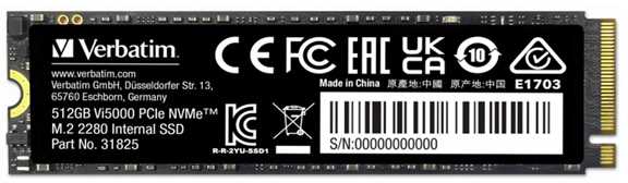 Vidinis SSD Verbatim Vi5000 M.2, 31825, 512GB, juodas, NVMe