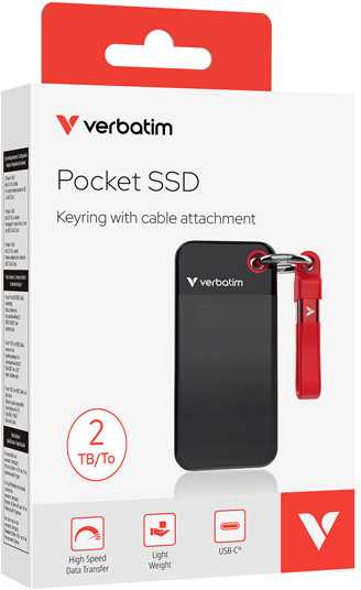 Kietasis diskas SSD Zewnętrzny Verbatim Pocket SSD Juodas/Raudona, 32196, 2000GB, juoda, M.2, zawiera kabelis USB C, USB-C, 2TB