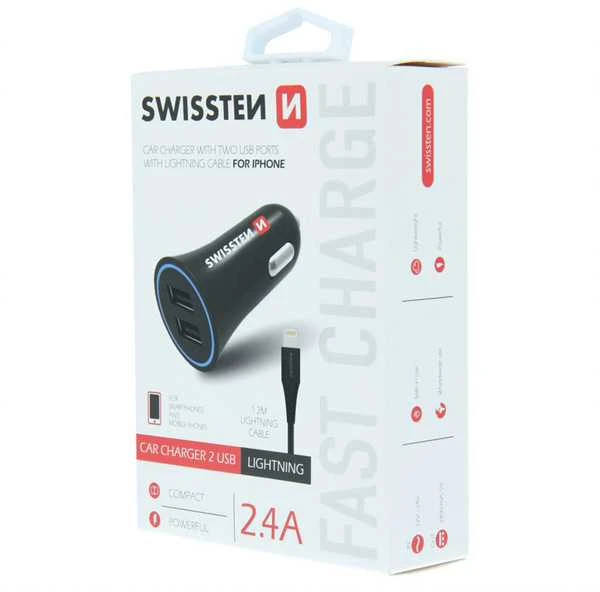 Swissten Premium automobilinis įkroviklis 12 - 24V / 1A + 2.1A + Lightning duomenų kabelis 1,2m