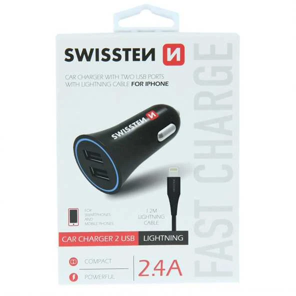 Swissten Premium automobilinis įkroviklis 12 - 24V / 1A + 2.1A + Lightning duomenų kabelis 1,2m