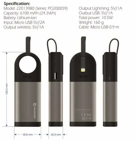 Swissten 2in1 Apple Watch MFi Power Bank 6700 mAh