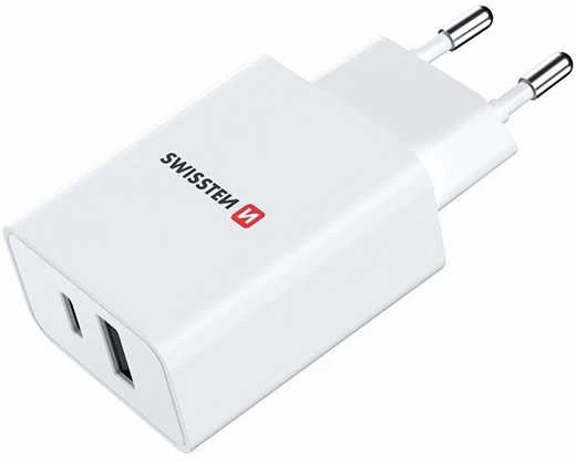 Įkroviklis Swissten SWISSTEN Maitinimo šaltinis / tinklo adapteris 30W, 2 prievadai, USB-C, USB-A, greitas įkrovimas GaN