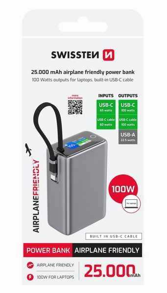 „Swissten“ išorinė baterija 25000 mAh (96,25 Wh) 100 W su integruotu USB-C laidu