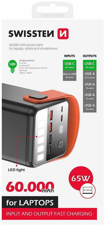 Sourcing „Powerbank“ šaltinis „Swissten Power Line Power Bank“ išorinis įkrovimo akumuliatorius 60 000 mAh / 65 W