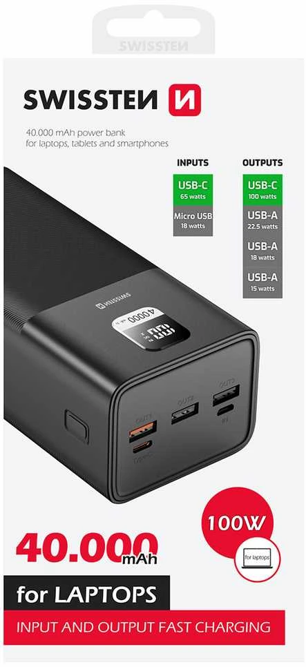 Išorinė baterija Swissten Power Line 40000mAh, juoda