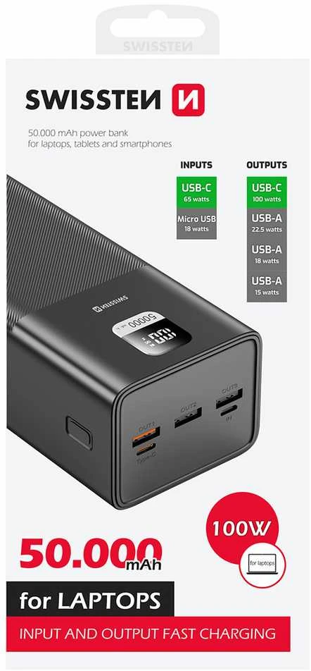Swissten Power Line 50000 mAh 100W Power Delivery juoda