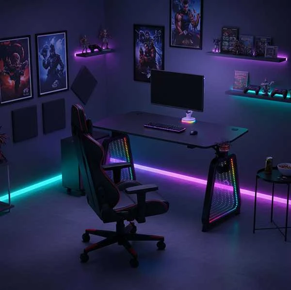 Žaidimų stalas Ultradesk Booster Gaming Desk, Glass LED RGB, Juodas