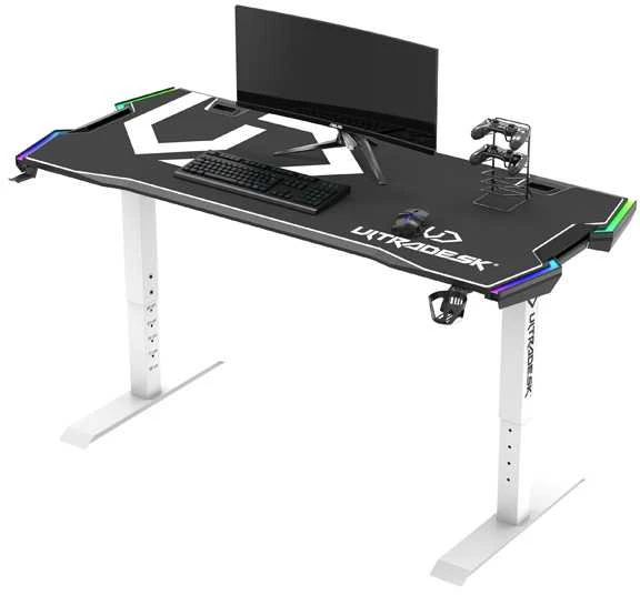 Žaidimų stalas Ultradesk Force Gaming Desk, LED RGB Prismatic, Baltas su juodu kilimėliu