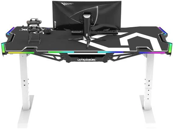 Žaidimų stalas Ultradesk Force Gaming Desk, LED RGB Prismatic, Baltas su juodu kilimėliu